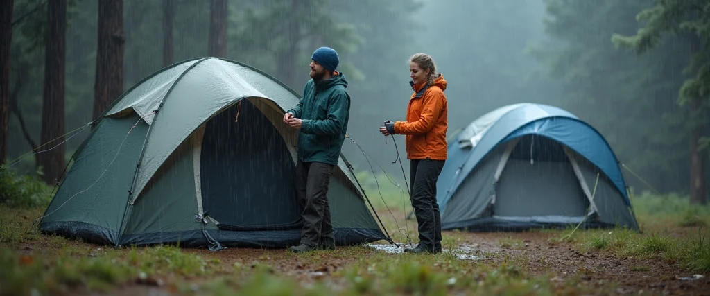 un homme et une femme essayant d'installer deux tentes de camping sous la pluie